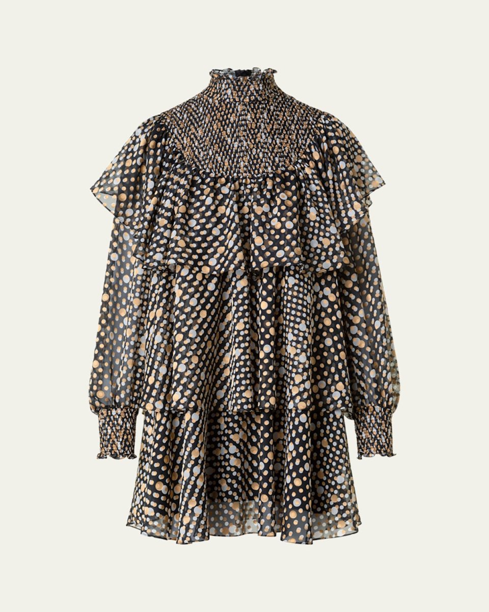 Polka Dot Devore Crepe De Chine Ruffle Mini Dress